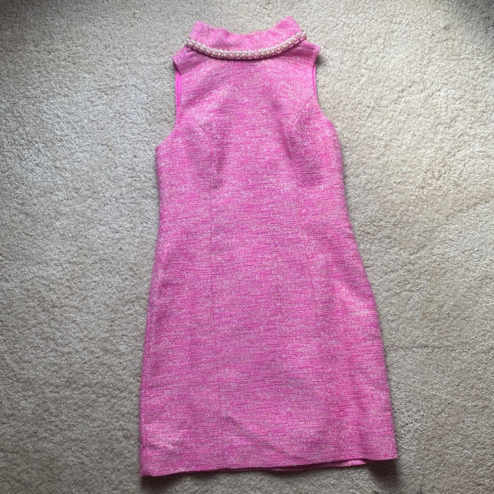 Lilly Pulitzer Pink Sleeveless Tweed Shift Dress with Pearl Collar
